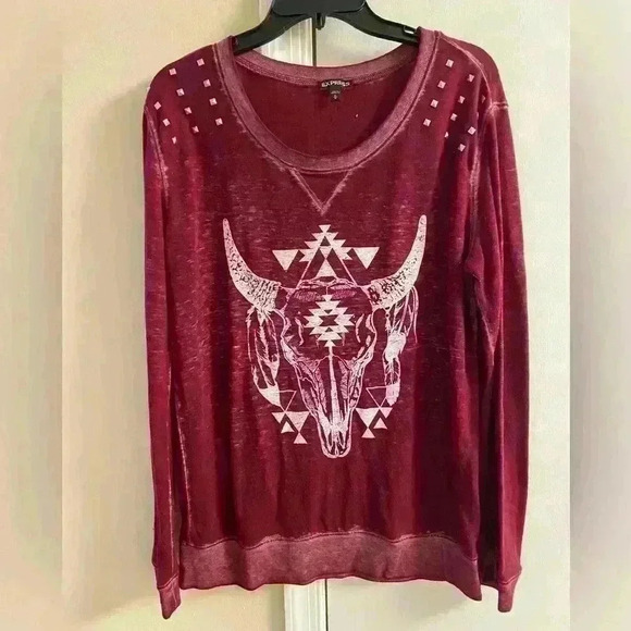 Express burgundy tie dye southwestern print studded long sleeve top. Medium - Picture 1 of 6